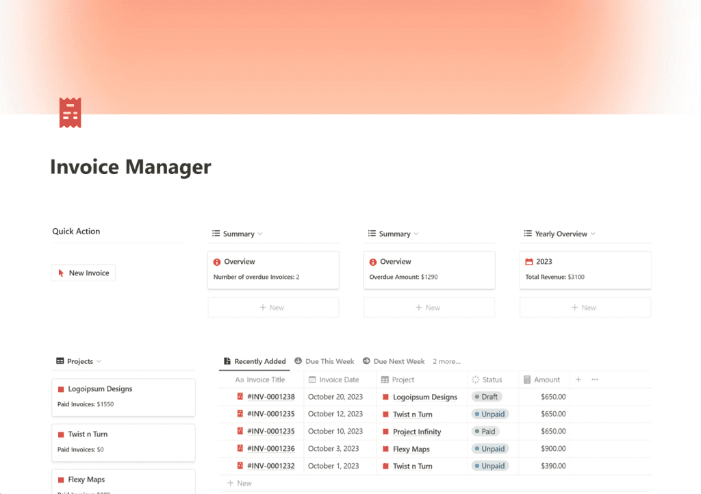 notion invoice manager template